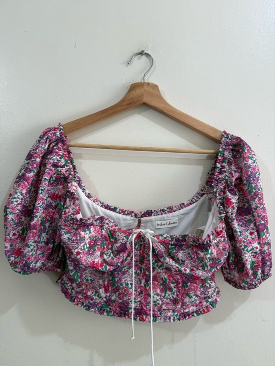 For Love And Lemons Tops - For Love And Lemons Pink Floral Tie-Front Puff Sleeve Crop Top